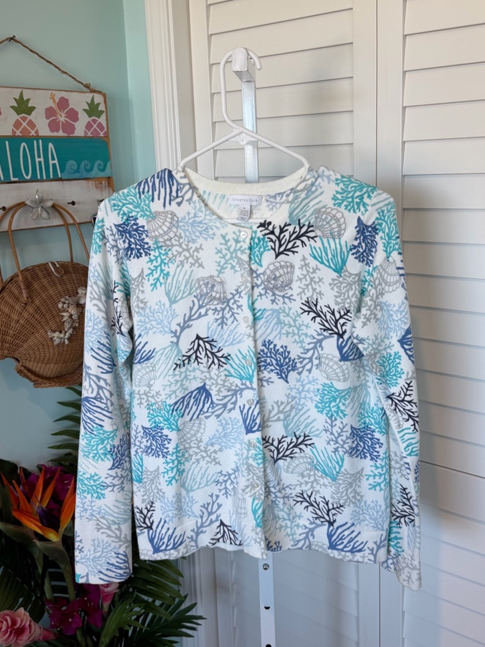 Charter Club Seashell Print Cardigan - Teal, Navy & Aqua